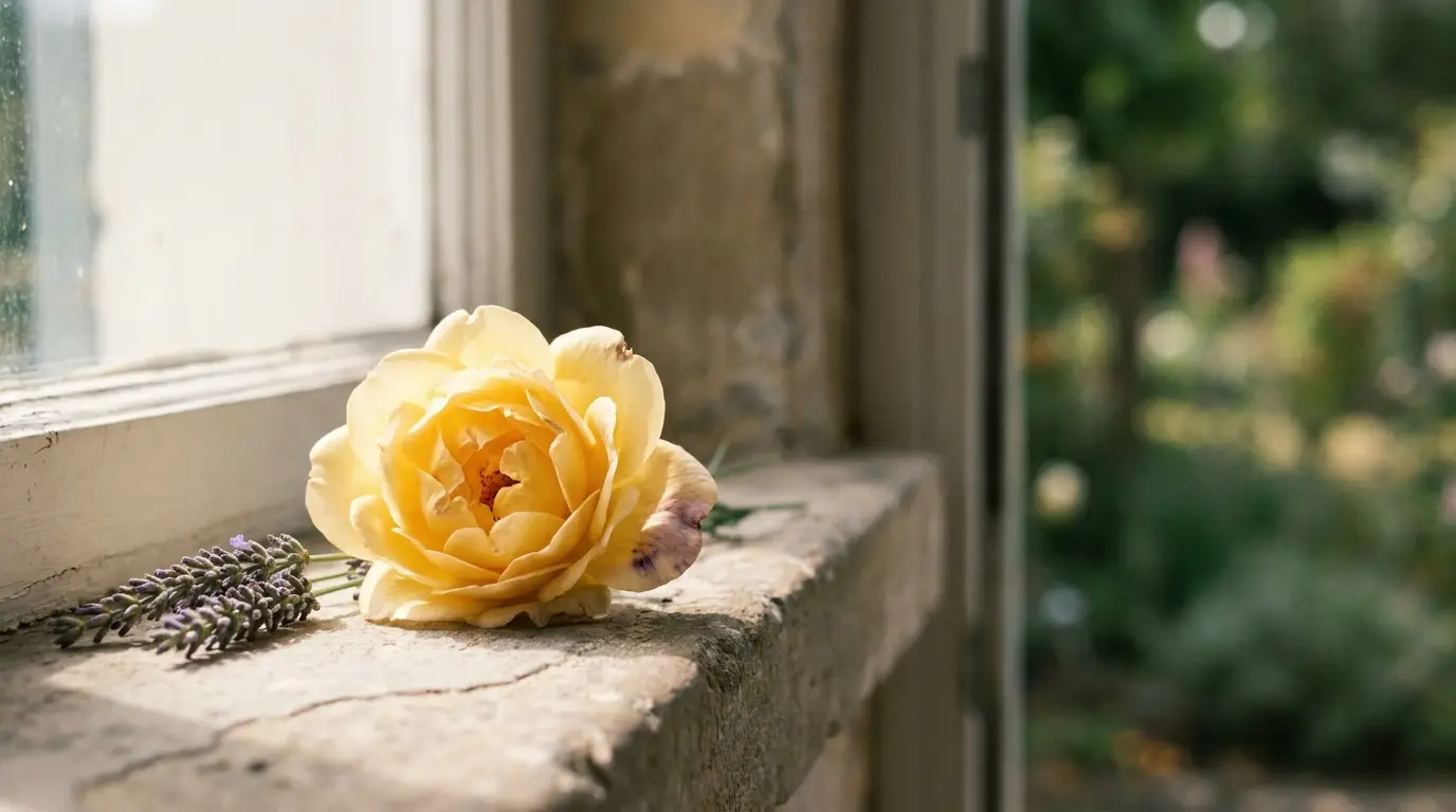 Yellow rose and lavender sprigs on stone windowsill with garden view
