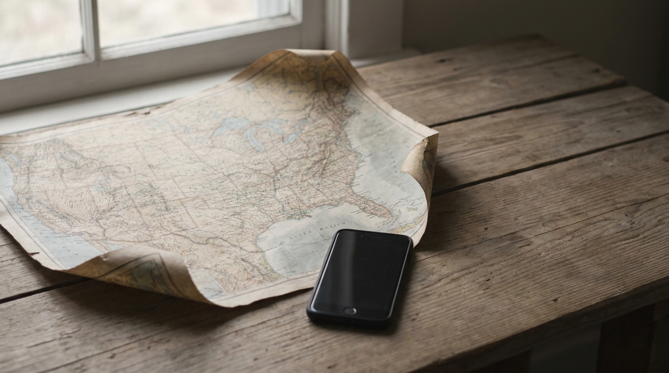 Map of the United States and smartphone on rustic wooden table near window