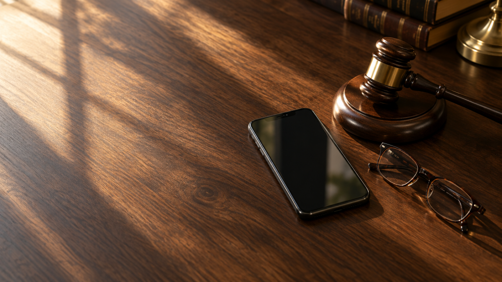 Gavel, smartphone, and eyeglasses on a wooden desk with warm sunlight shadows