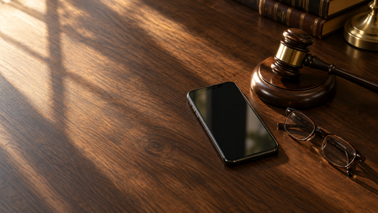 Gavel, smartphone, and eyeglasses on a wooden desk with warm sunlight shadows