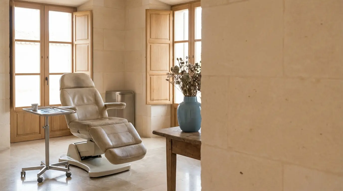 Beige leather reclining chair in sunlit room with wooden shutters and blue vase on table