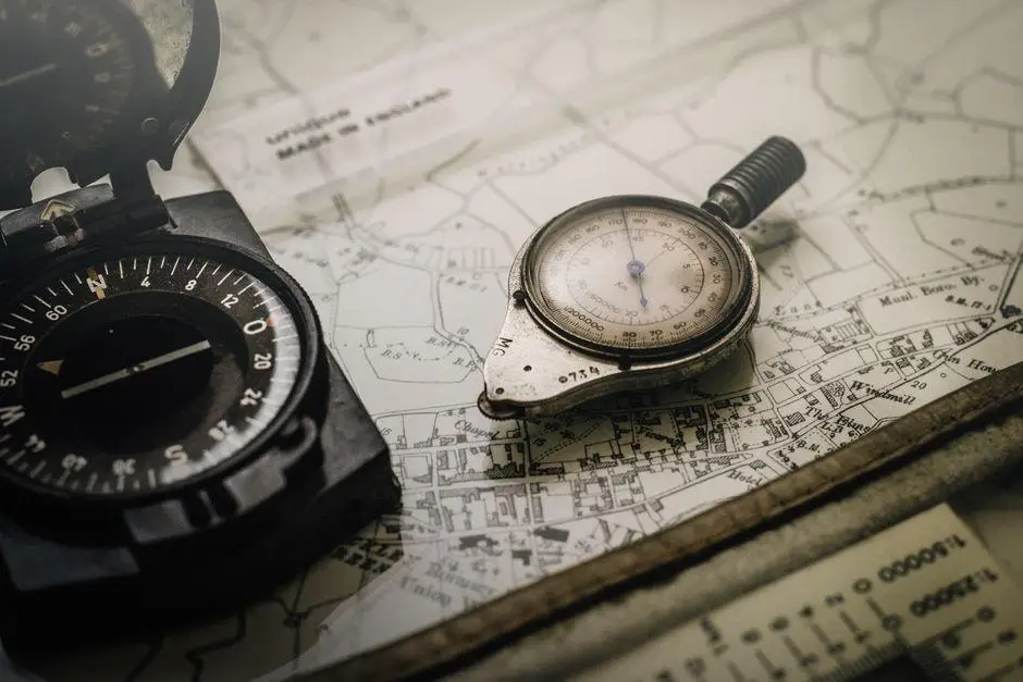Vintage compass and stopwatch on an old map with detailed street markings