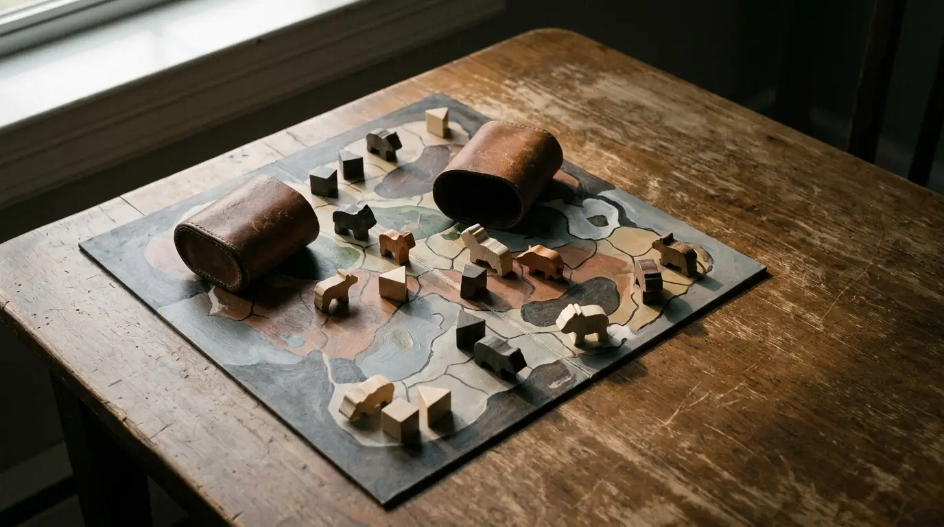 Board game with wooden animal pieces and dice on rustic wooden table