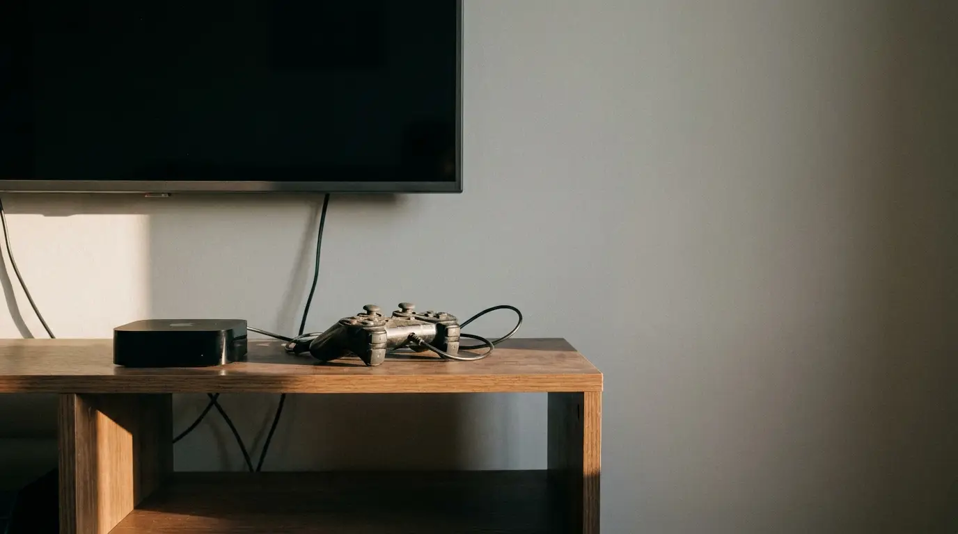 Low media shelf under a television holding a streaming box, controller and neatly grouped cables