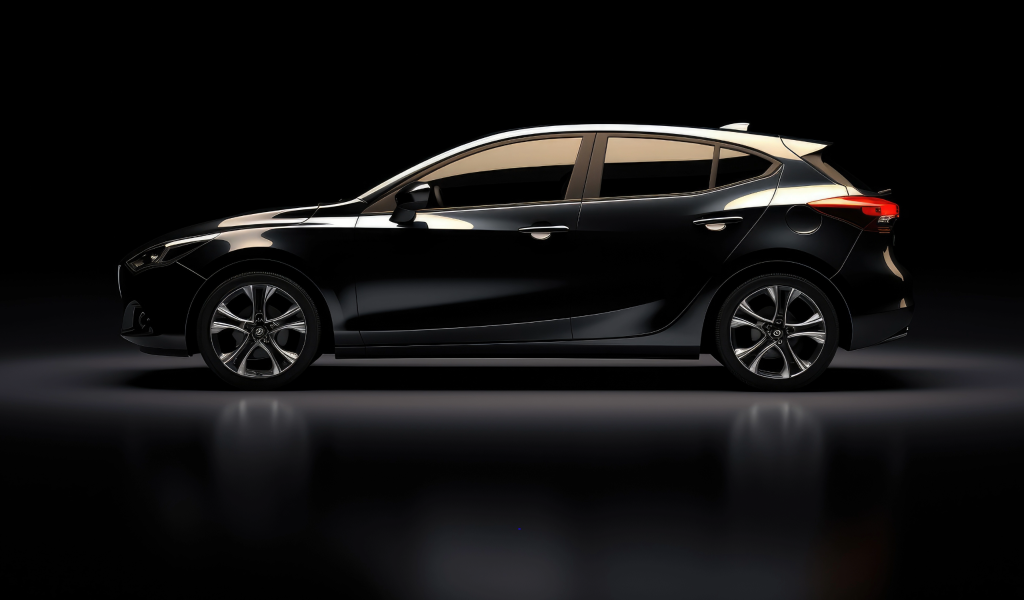 Sleek black hatchback car side profile on dark studio background