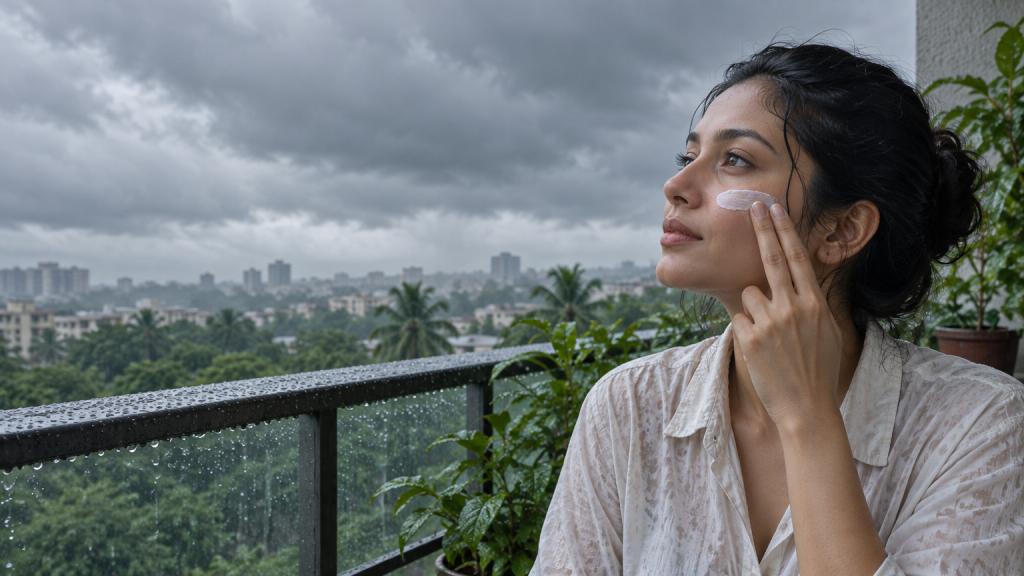 Woman applying face cream on balcony during overcast weather with cityscape backdrop