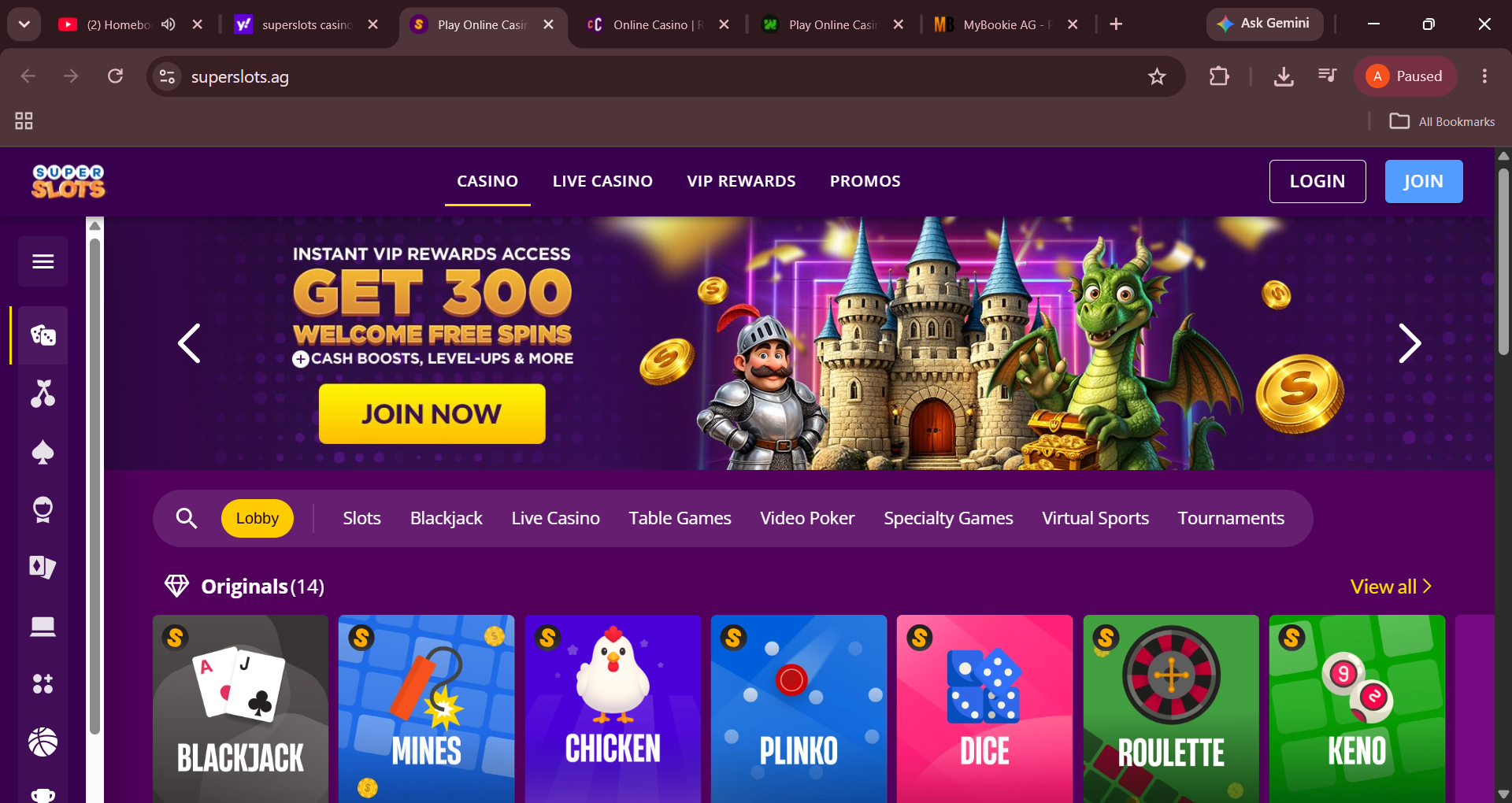 Online casino homepage featuring knight, dragon, and castle illustration with game options like Blackjack and Roulette