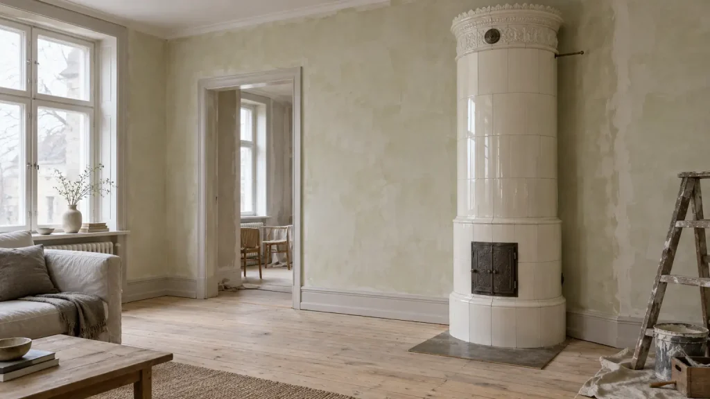 Cozy living room with vintage ceramic stove and light green plaster walls