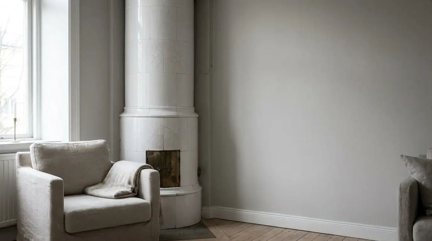 Cozy beige armchair with throw blanket beside white tiled fireplace in minimal living room