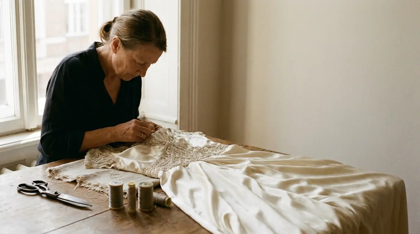 Seamstress hand-stitching decorative embroidery on elegant satin fabric in sunlit room