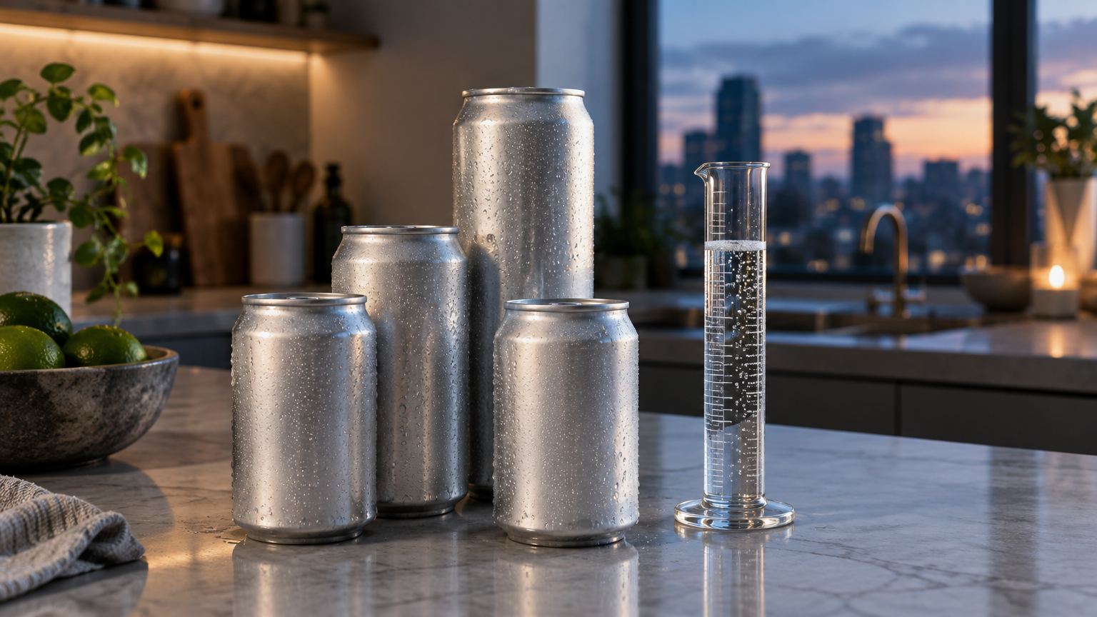 Aluminum drink cans and glass beaker on marble countertop in modern kitchen at sunset
