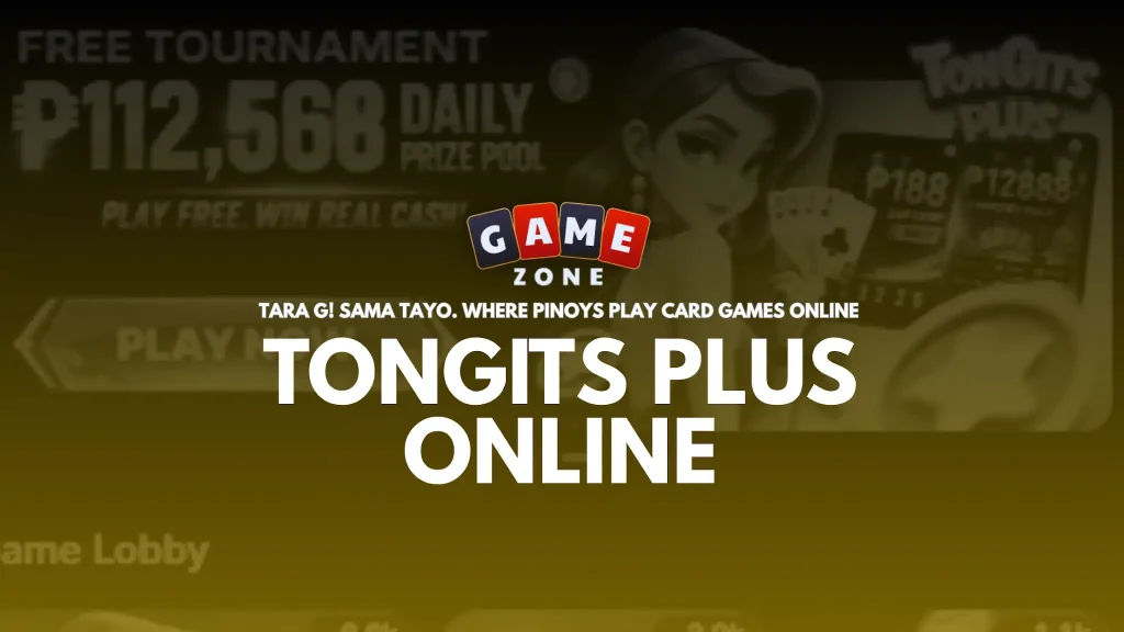 Gaming app interface with woman holding playing cards and large "Tongits Plus Online" text
