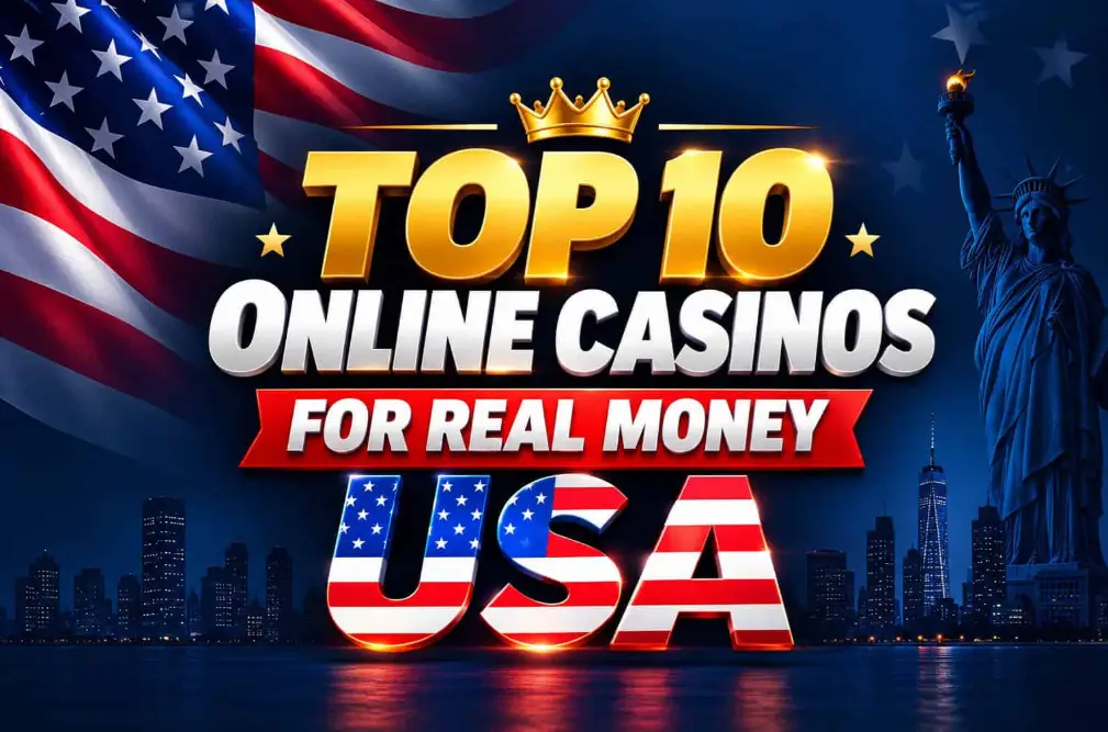 Golden text with crown over USA skyline and Statue of Liberty at night