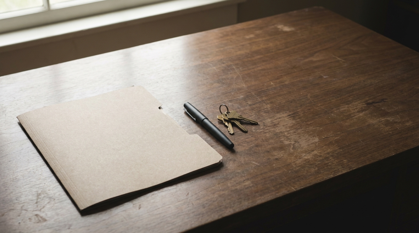 Folder, pen, and keys placed on a wooden desk near window in soft daylight