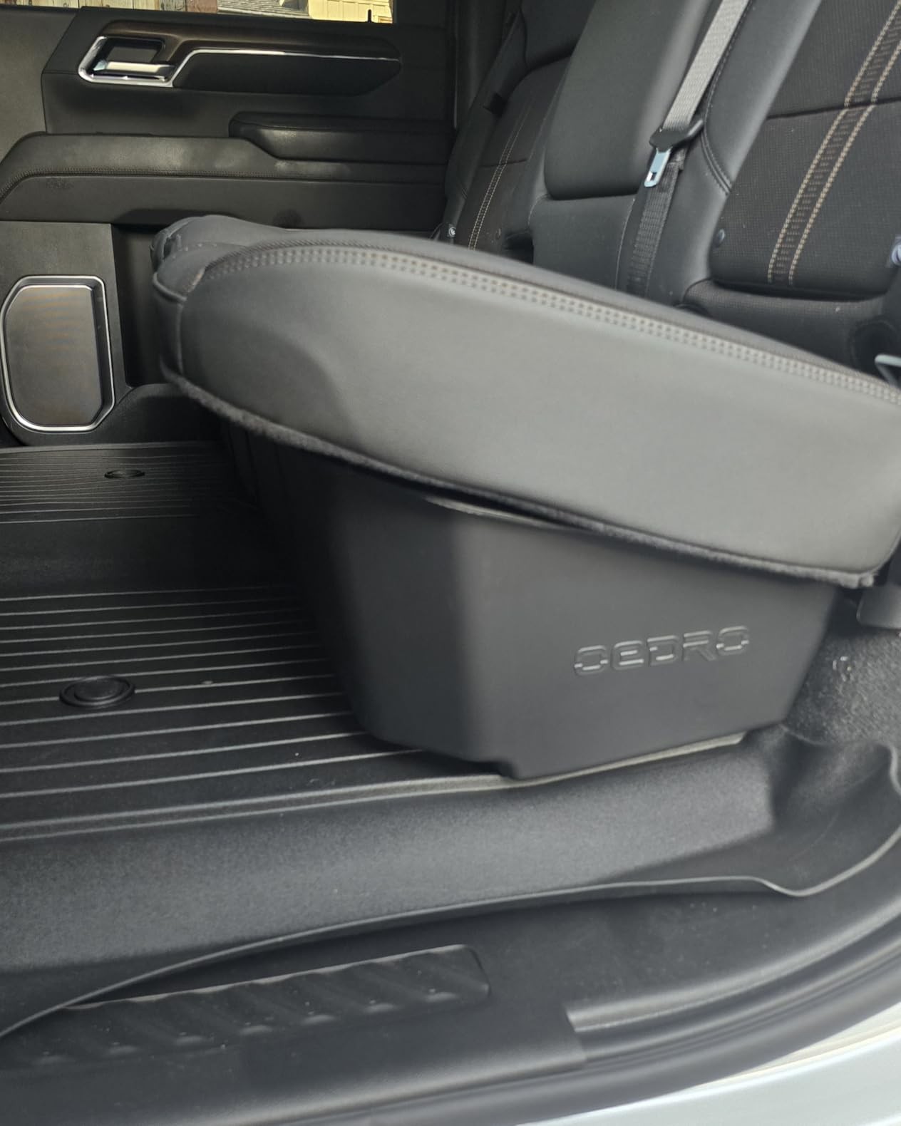Car interior with black under-seat storage bin and leather seats in rear passenger area
