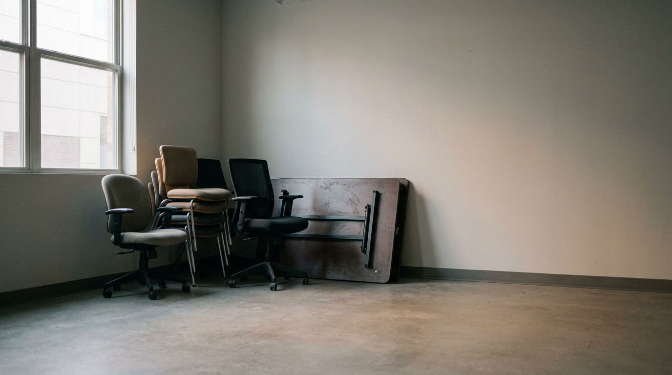 Stacked office chairs and a folded table in an empty room with natural light