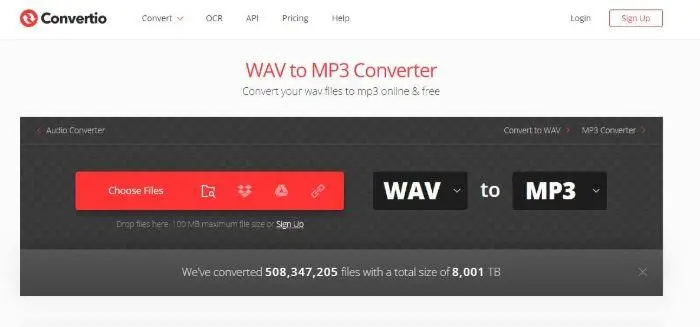 Online converter interface for converting WAV files to MP3 with file options displayed