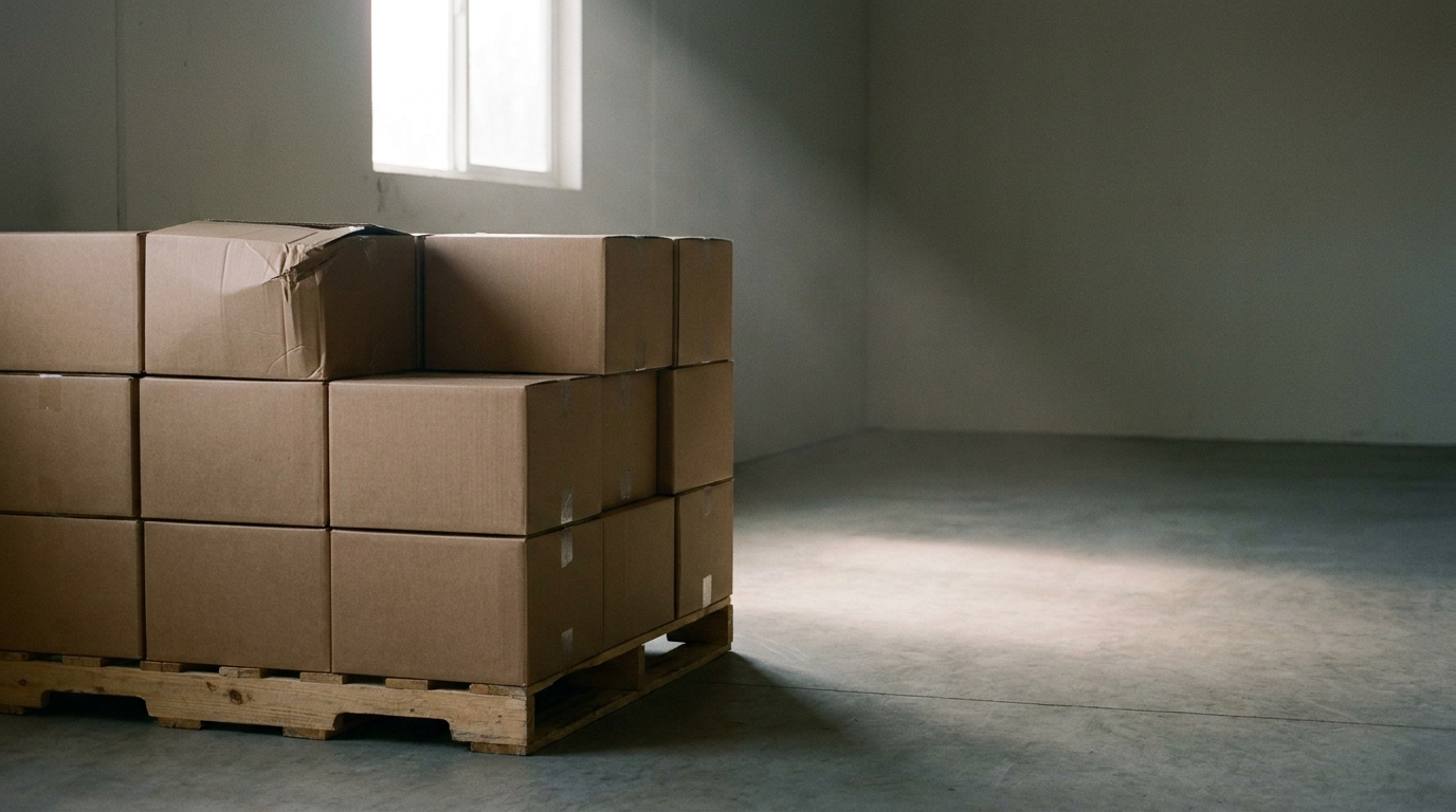 Stacked cardboard boxes on wooden pallet in dimly lit warehouse with concrete floor