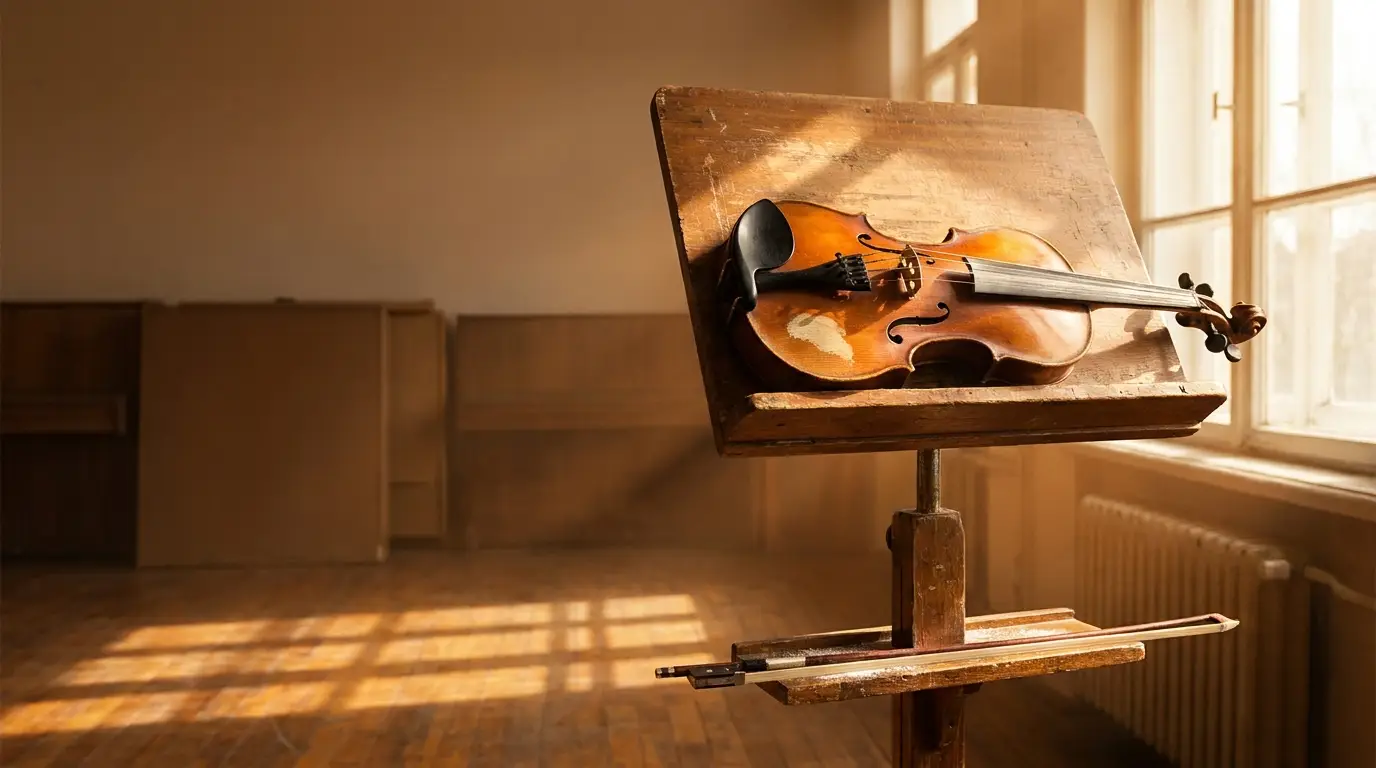Violin resting on wooden music stand in sunlit room with wooden floorboards