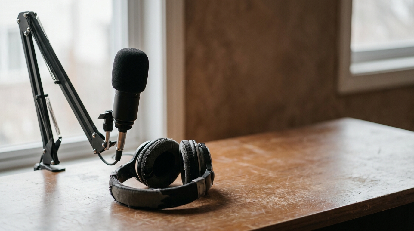 Microphone on adjustable stand with headphones on wooden desk near window