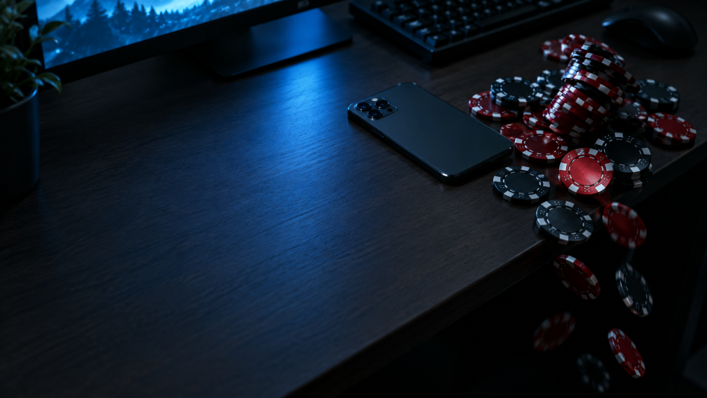 Poker chips spilling from desk near smartphone and computer in dimly lit room
