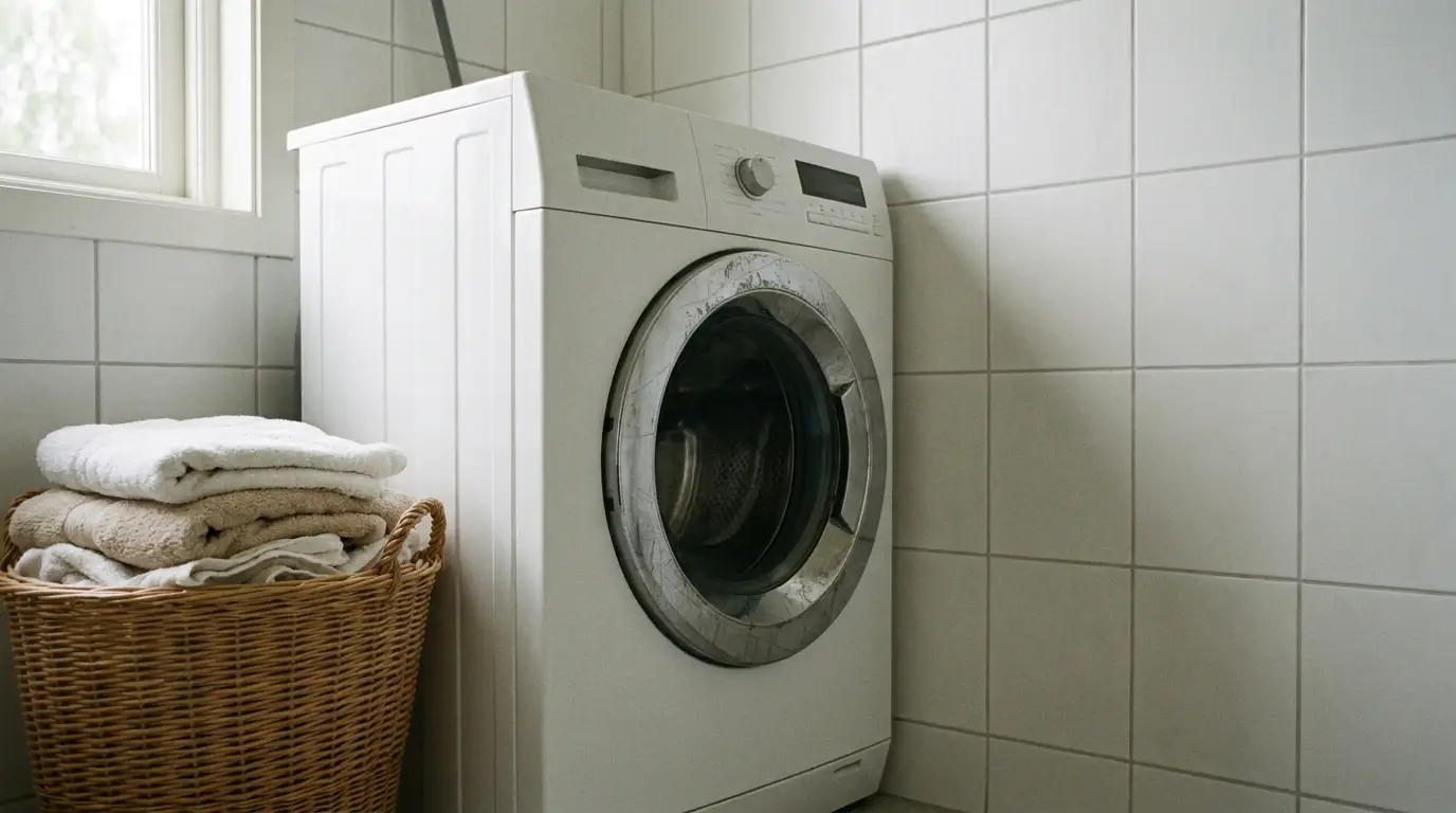 Front-loading washing machine in a tiled utility room beside a laundry basket of folded towels in daylight