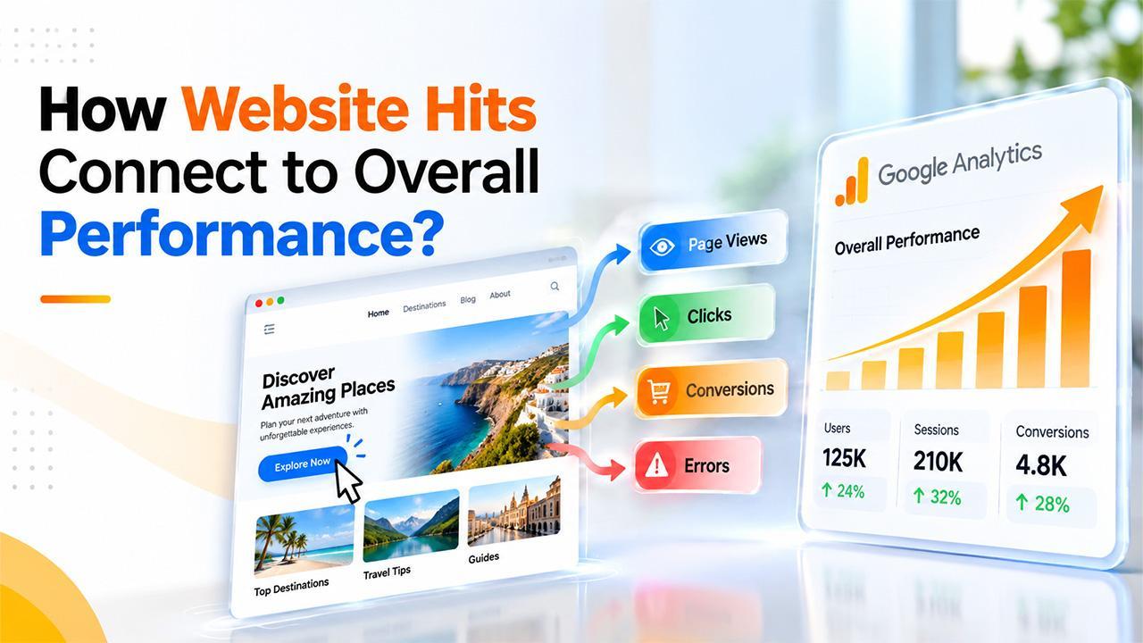 Graphic showing website analytics metrics with page views, clicks, conversions, and performance charts
