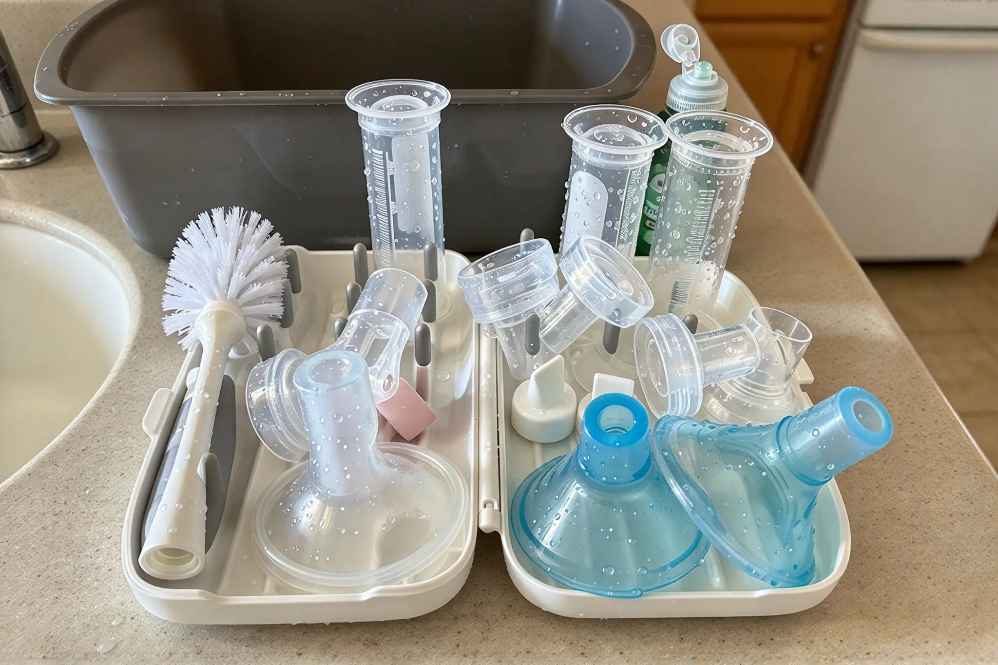 Breast pump parts drying on a countertop drying rack in a kitchen setting
