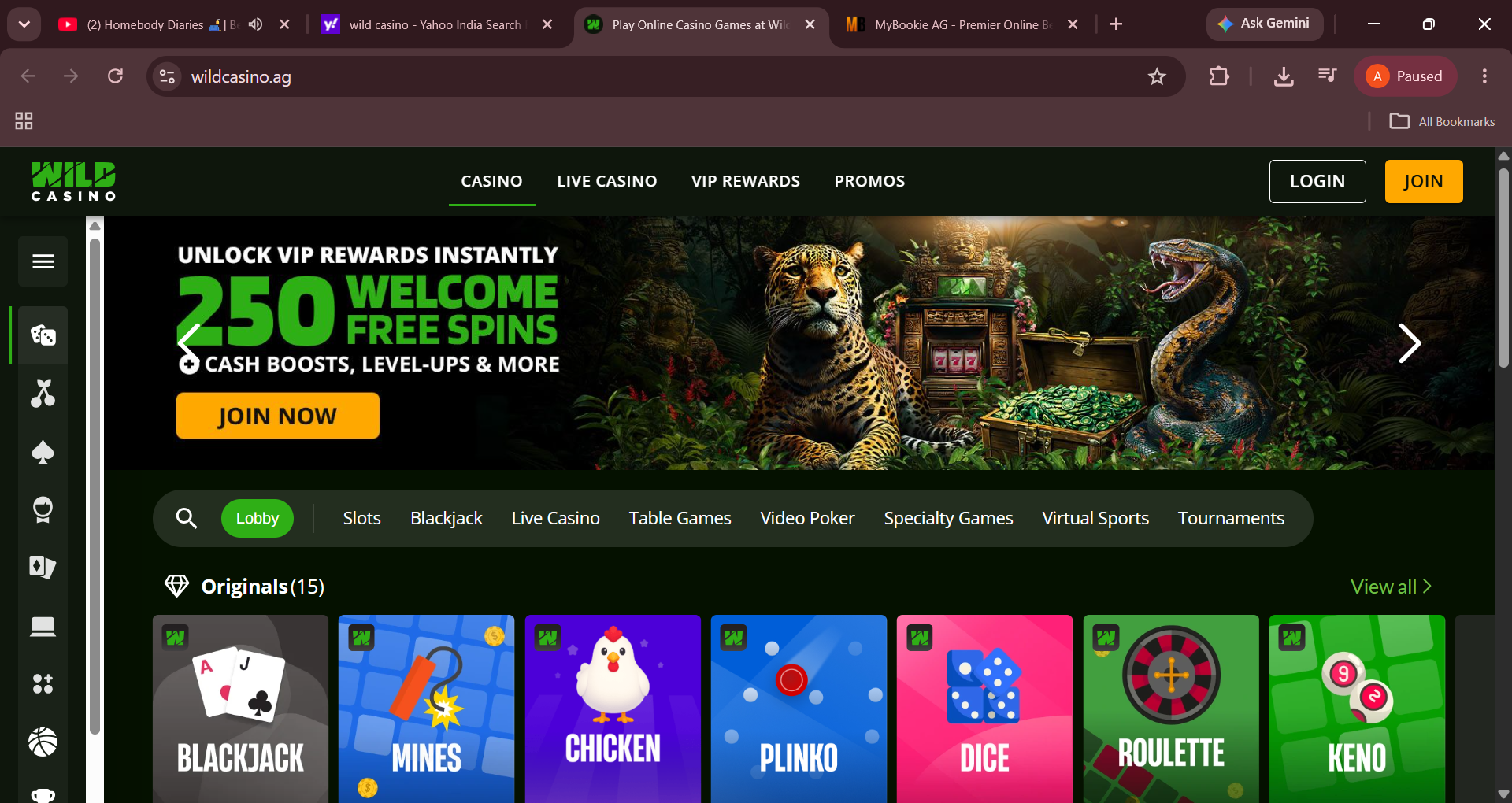 Casino website interface showing game icons and promotional banner with jungle theme background