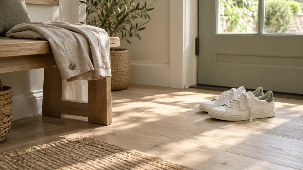 White sneakers on wooden floor beside a rustic bench with linen jacket and potted plant