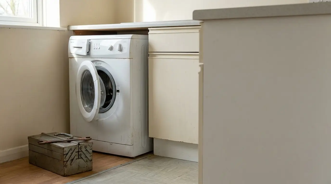 Worn white washing machine with open door in a kitchen alcove beside a small toolbox and spanner
